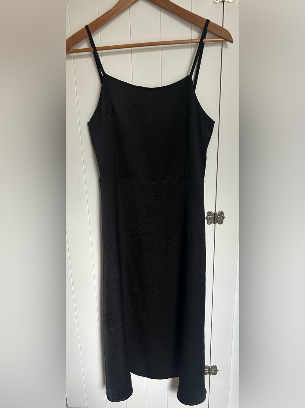 Women's Black Slip Midi Dress - Classic Spaghetti Strap satin